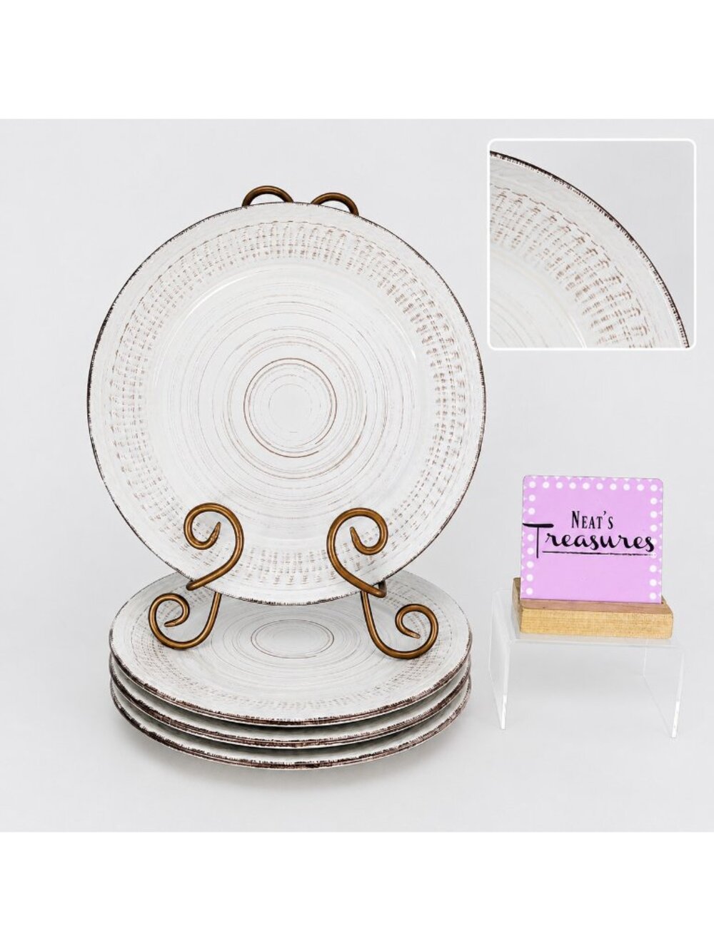 Home Essentials COSENZA WHITE Brushed Rustic Ceramic  10 3/4" Dinner Plate Set 4